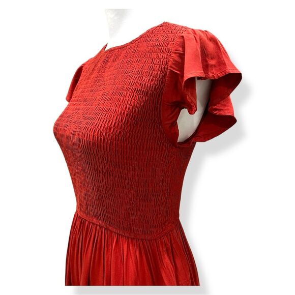 Cottagecore Smocked Tiered Midi Dress Flutter Sleeve Crewneck Rust Orange S NWT - Picture 11 of 16